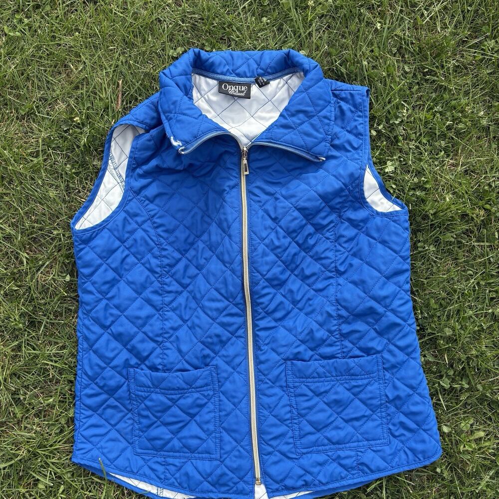 Onque Casual Women’s Full Zip Royal Blue Pockets Quilted Vest Size Petite Med